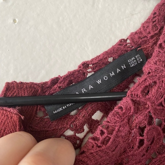 Zara Crochet Lace Eyelet Blouse See Through Maroon Top Women’s Size XS - Picture 6 of 12